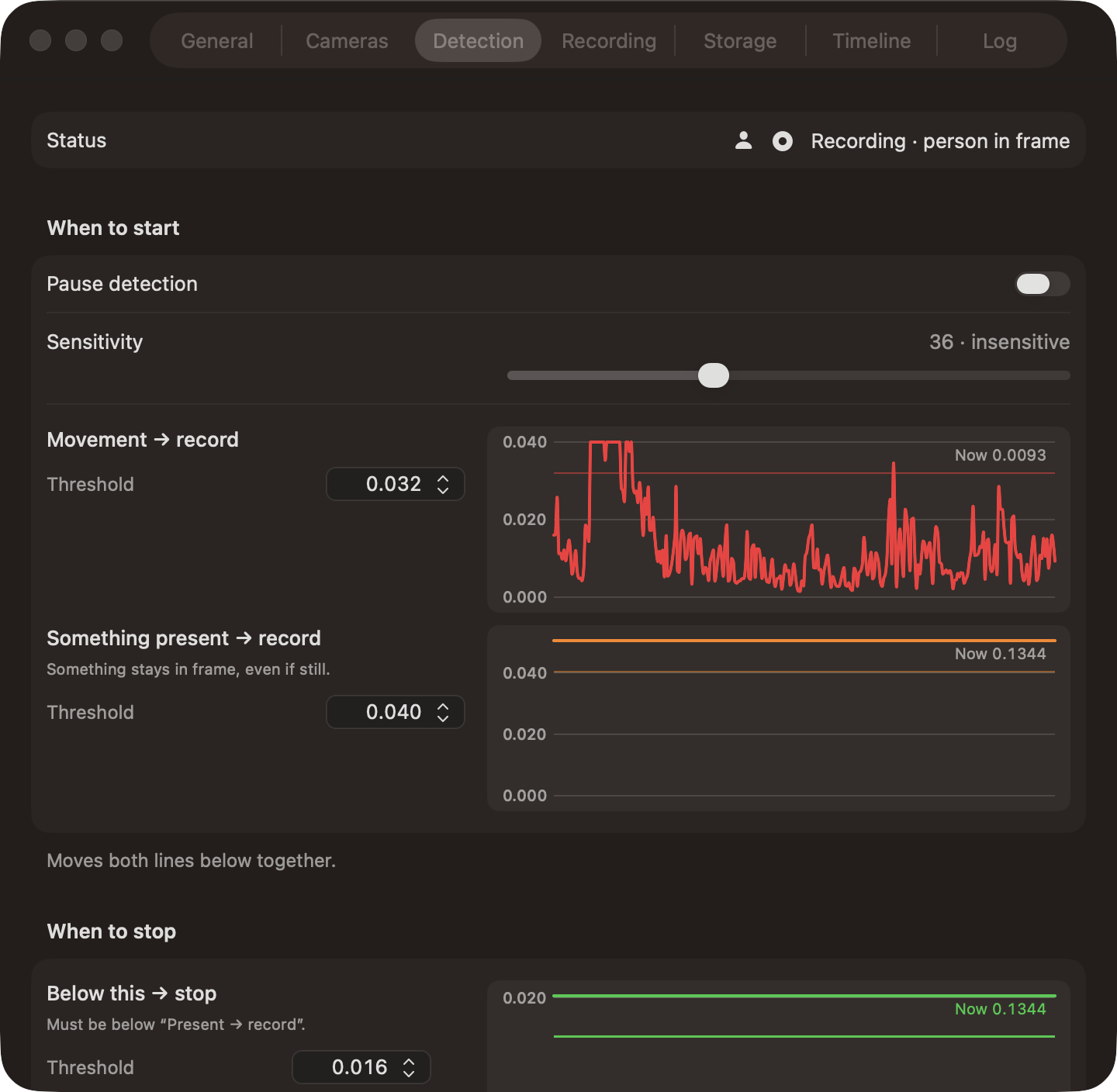 Detection settings with live charts for the three thresholds